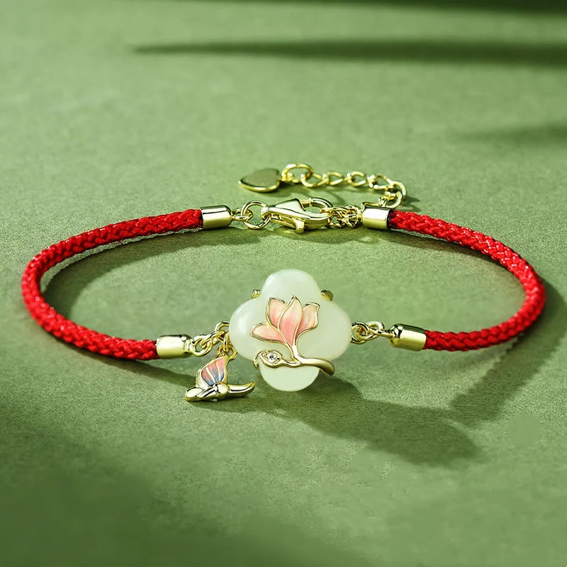 Bracciale Buddha Stones 925 Sterling Silver Hetian Jade Magnolia Flower Butterfly Luck Chain