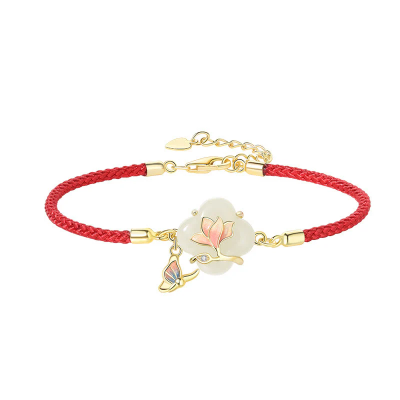 Bracciale Buddha Stones 925 Sterling Silver Hetian Jade Magnolia Flower Butterfly Luck Chain - Image 9