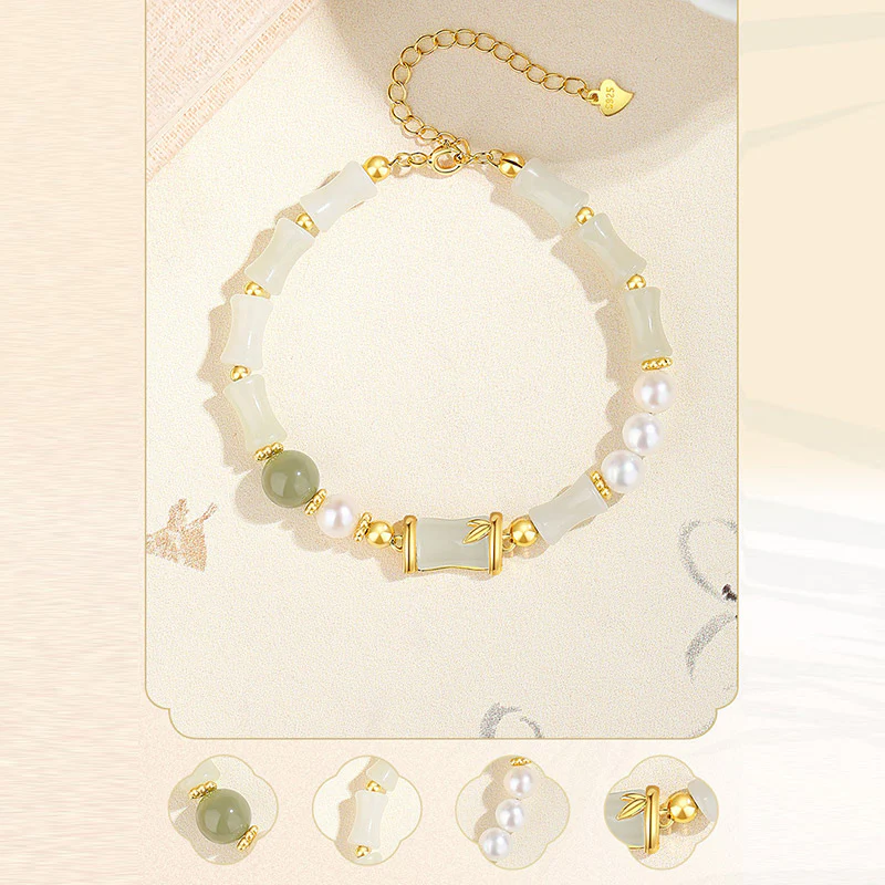 Bracciale Buddha Stones 925 Sterling Silver Hetian Naturale Giada Bianca Bambù Benedizione Fortuna Bracciale - Image 11