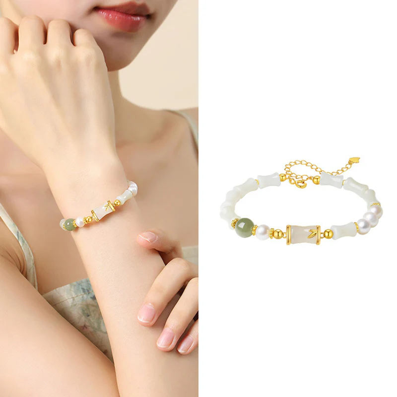 Bracciale Buddha Stones 925 Sterling Silver Hetian Naturale Giada Bianca Bambù Benedizione Fortuna Bracciale - Image 9
