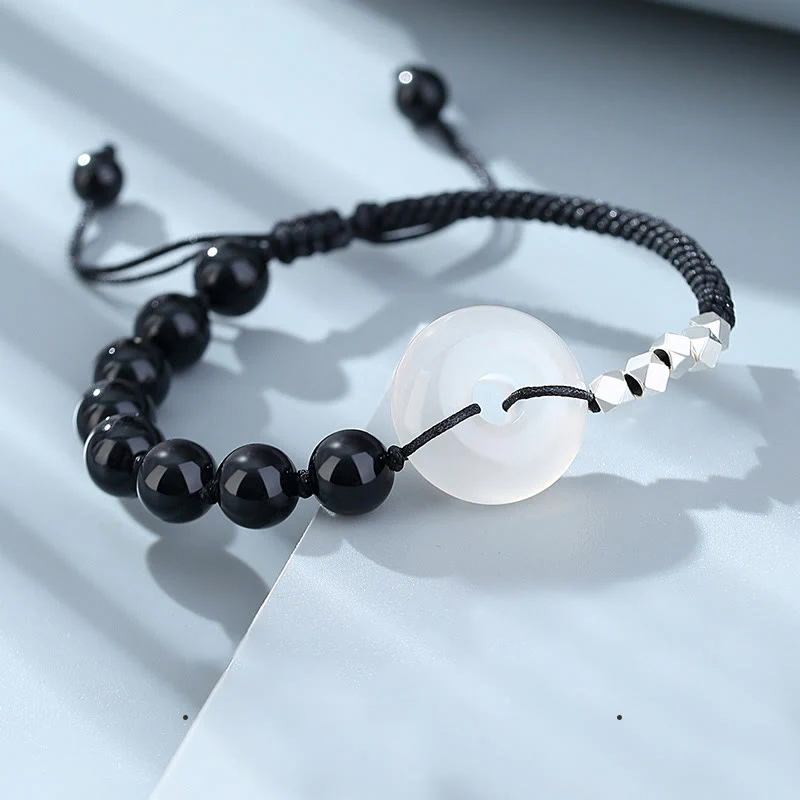 Bracciale Buddha Stones 925 Sterling Silver Ossidiana Nera Agata Fibbia della Pace Forza - Image 2