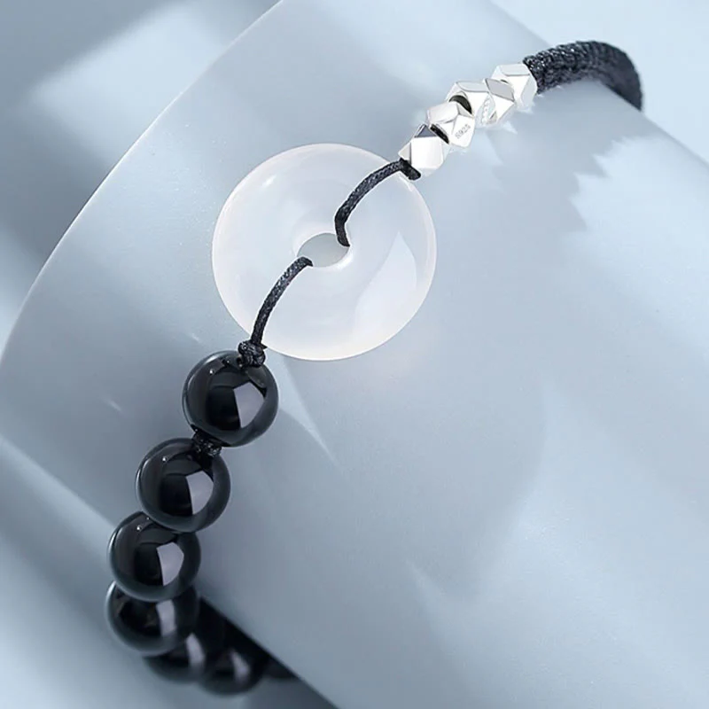 Bracciale Buddha Stones 925 Sterling Silver Ossidiana Nera Agata Fibbia della Pace Forza - Image 8