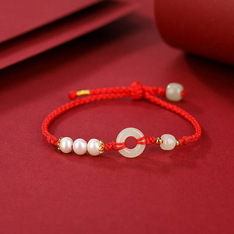 Bracciale Buddha Stones 925 Sterling Silver placcato oro Hetian Jade Peace Buckle Pearl Luck - Image 3
