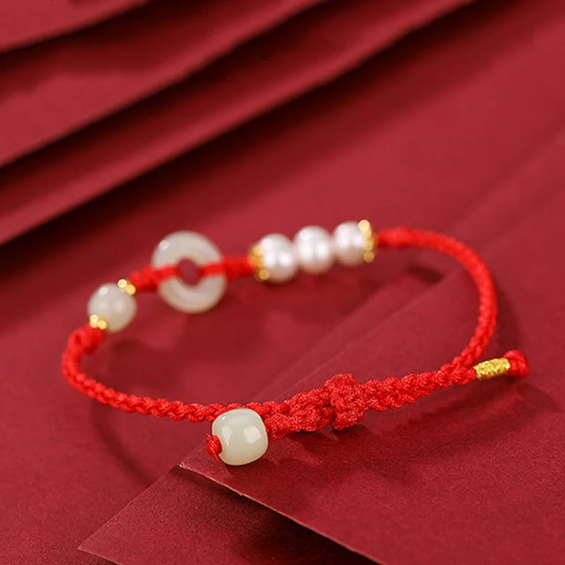 Bracciale Buddha Stones 925 Sterling Silver placcato oro Hetian Jade Peace Buckle Pearl Luck - Image 4