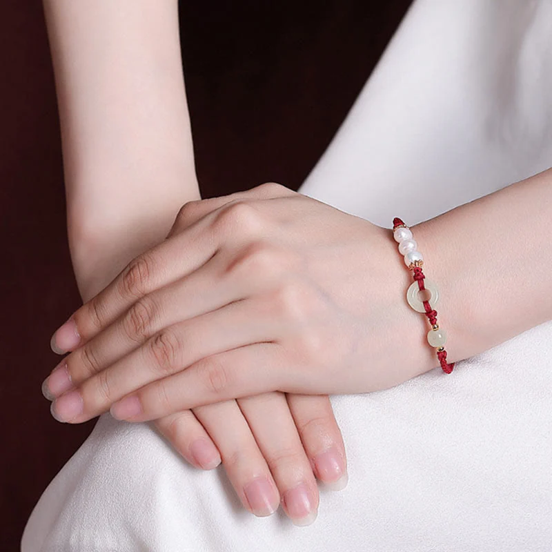 Bracciale Buddha Stones 925 Sterling Silver placcato oro Hetian Jade Peace Buckle Pearl Luck - Image 9