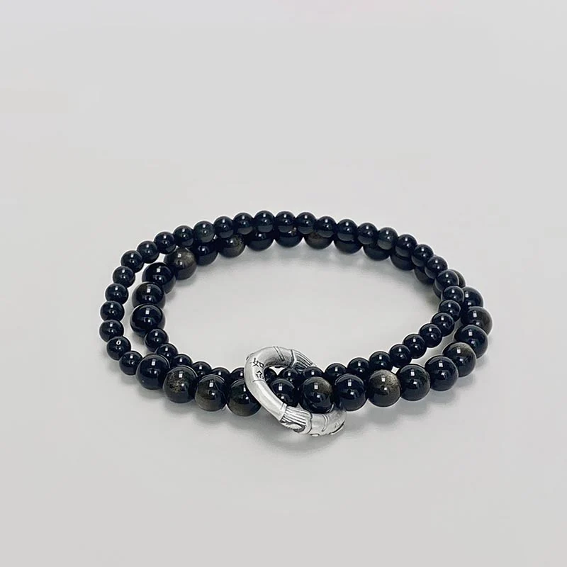 Bracciale Buddha Stones 999 Sterling Silver Black Obsidian Fulfillment Strength Double Layer