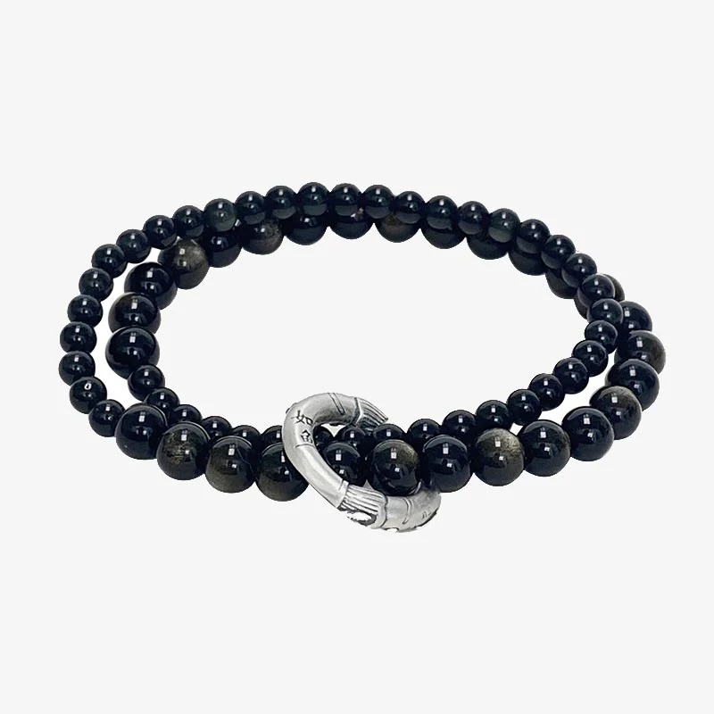 Bracciale Buddha Stones 999 Sterling Silver Black Obsidian Fulfillment Strength Double Layer - Image 10