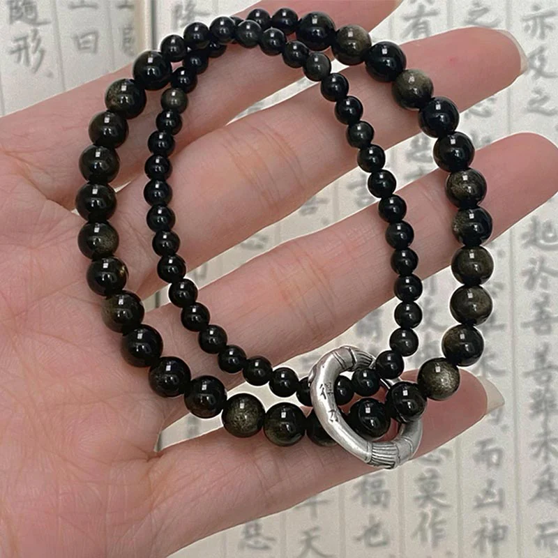 Bracciale Buddha Stones 999 Sterling Silver Black Obsidian Fulfillment Strength Double Layer - Image 3