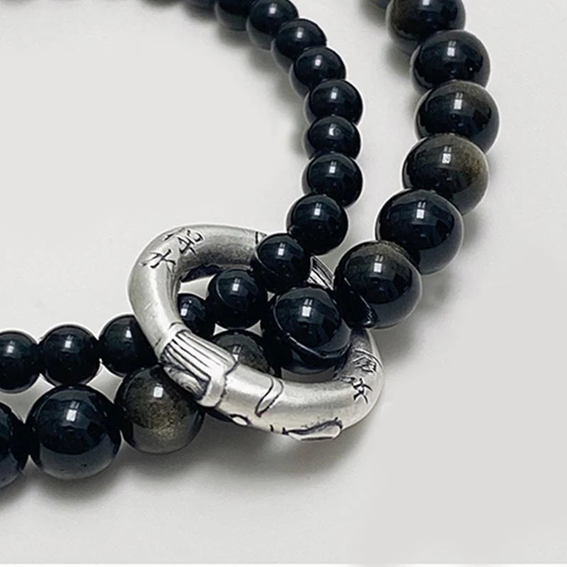 Bracciale Buddha Stones 999 Sterling Silver Black Obsidian Fulfillment Strength Double Layer - Image 4