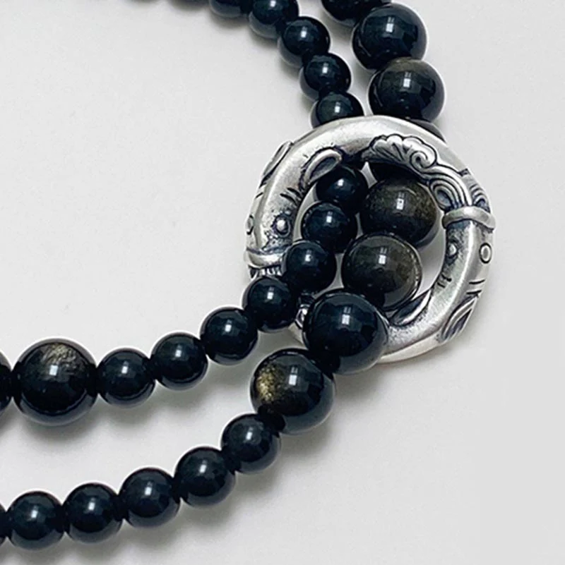 Bracciale Buddha Stones 999 Sterling Silver Black Obsidian Fulfillment Strength Double Layer - Image 5
