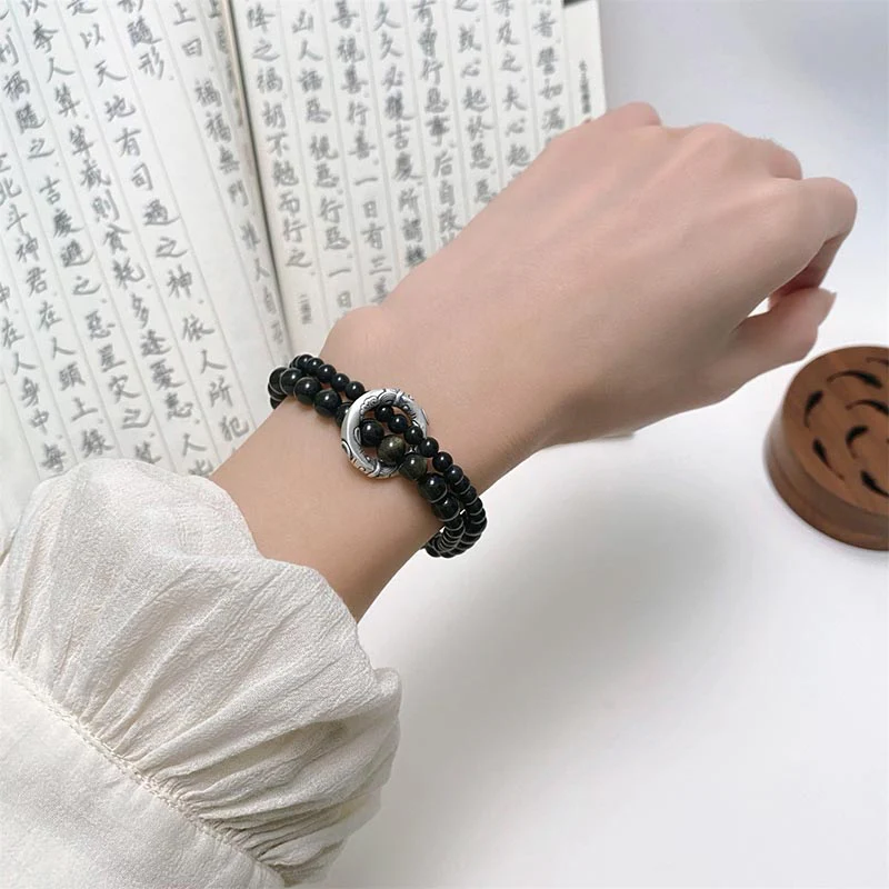 Bracciale Buddha Stones 999 Sterling Silver Black Obsidian Fulfillment Strength Double Layer - Image 6
