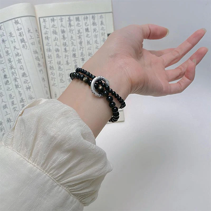 Bracciale Buddha Stones 999 Sterling Silver Black Obsidian Fulfillment Strength Double Layer - Image 7