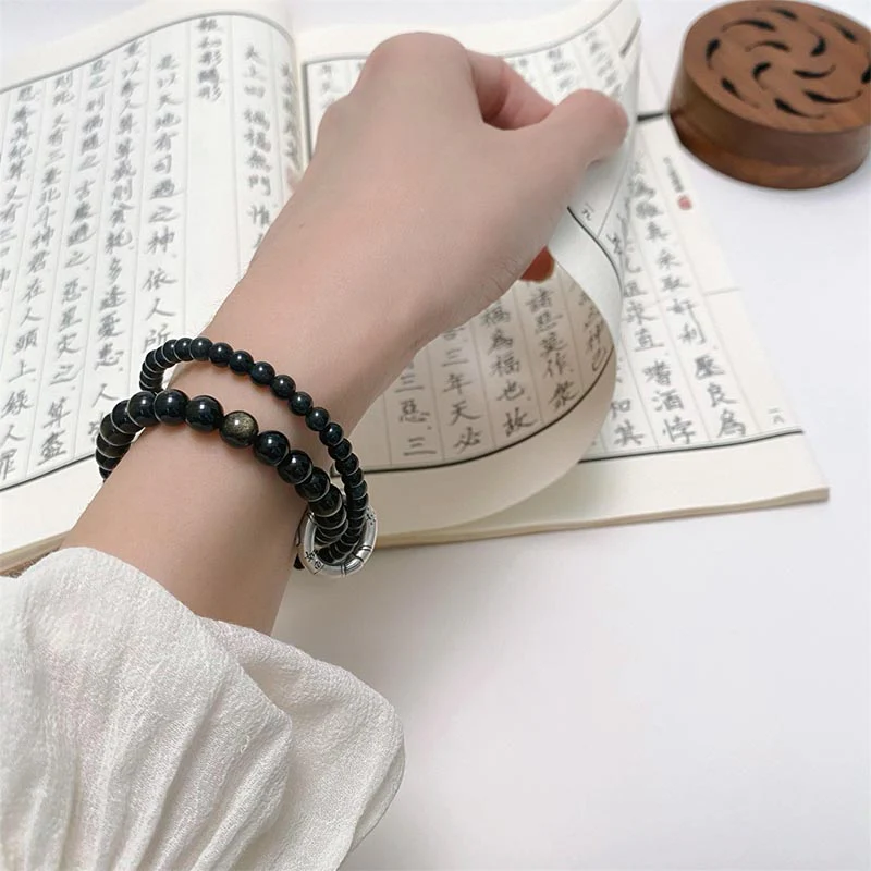 Bracciale Buddha Stones 999 Sterling Silver Black Obsidian Fulfillment Strength Double Layer - Image 8
