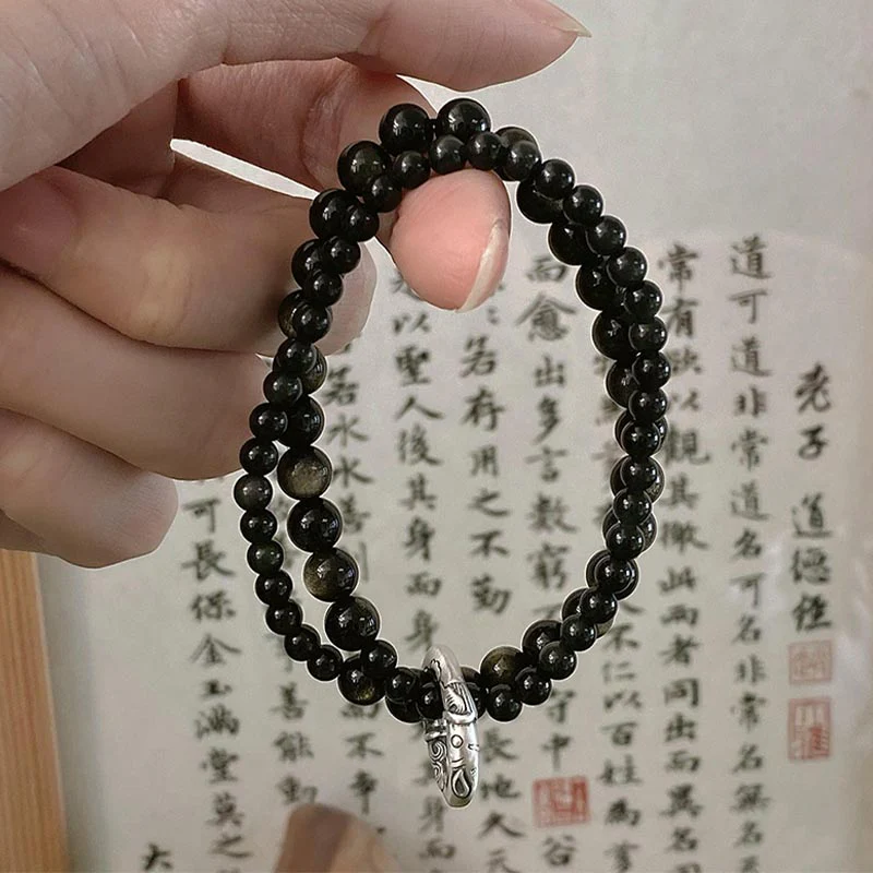 Bracciale Buddha Stones 999 Sterling Silver Black Obsidian Fulfillment Strength Double Layer - Image 9