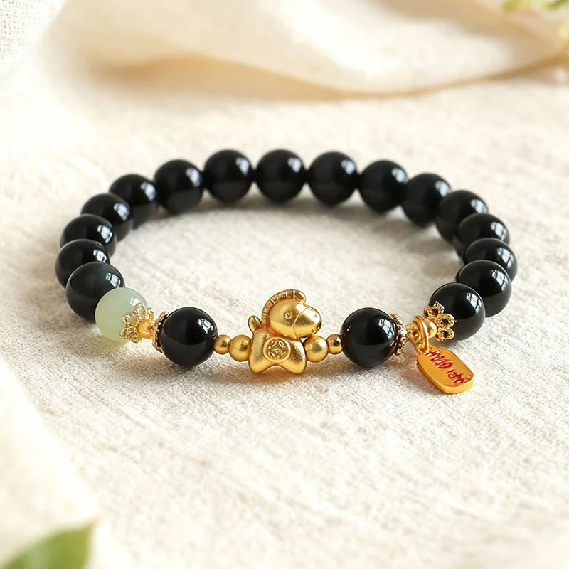 Bracciale Buddha Stones Anno del Cavallo Giada Hetian Ossidiana Nera Agata Rossa Forza