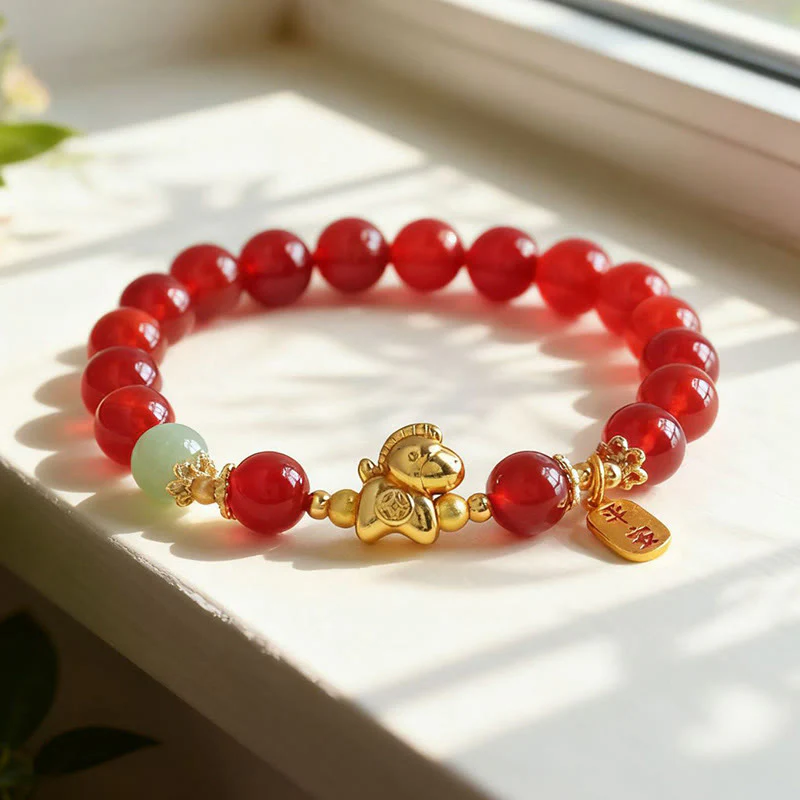 Bracciale Buddha Stones Anno del Cavallo Giada Hetian Ossidiana Nera Agata Rossa Forza - Image 10