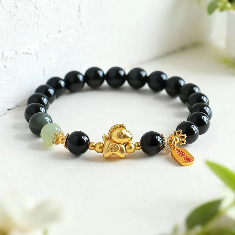 Bracciale Buddha Stones Anno del Cavallo Giada Hetian Ossidiana Nera Agata Rossa Forza - Image 3