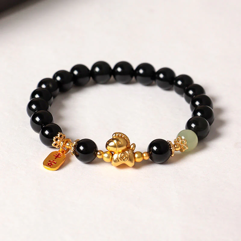Bracciale Buddha Stones Anno del Cavallo Giada Hetian Ossidiana Nera Agata Rossa Forza - Image 4