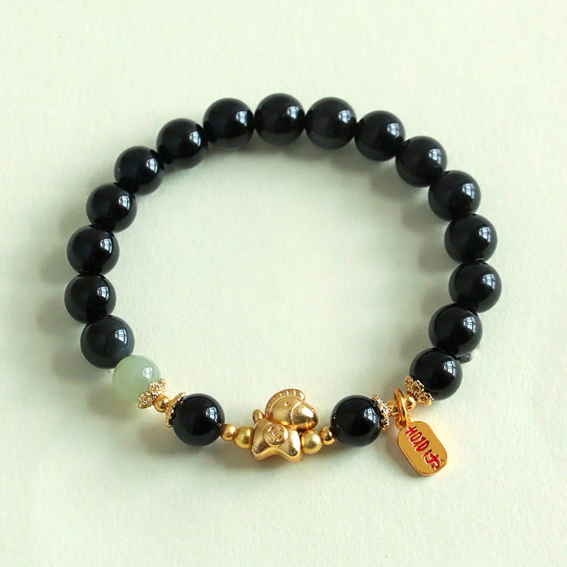 Bracciale Buddha Stones Anno del Cavallo Giada Hetian Ossidiana Nera Agata Rossa Forza - Image 5