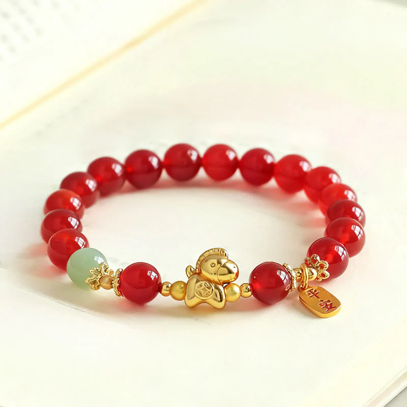 Bracciale Buddha Stones Anno del Cavallo Giada Hetian Ossidiana Nera Agata Rossa Forza - Image 8