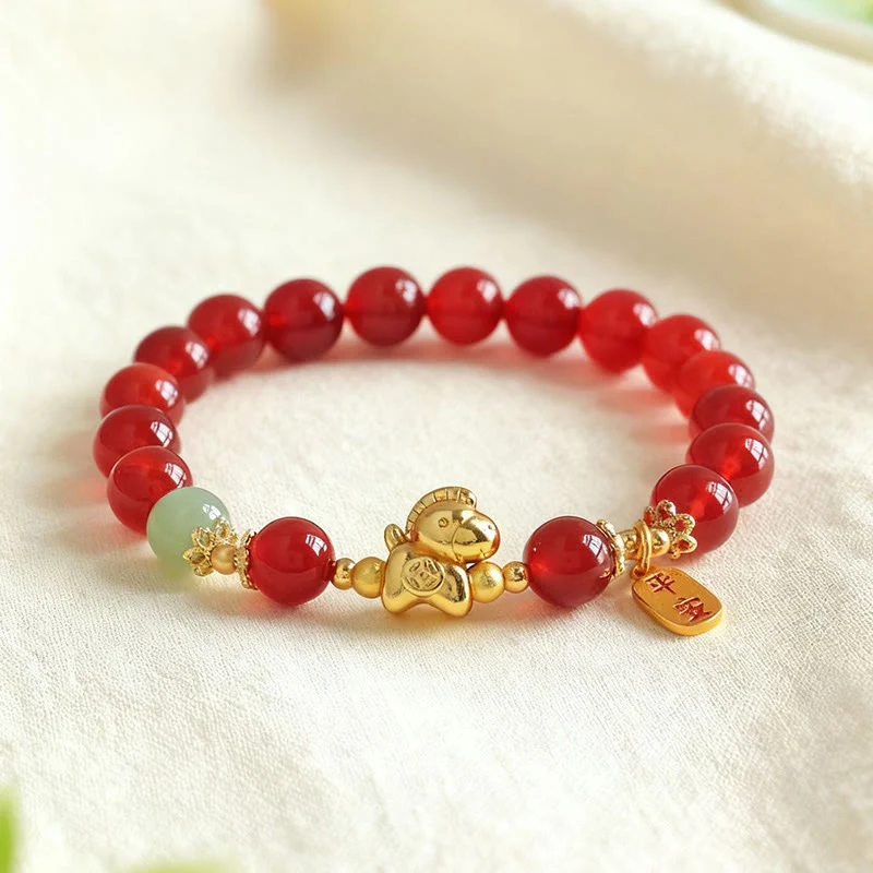 Bracciale Buddha Stones Anno del Cavallo Giada Hetian Ossidiana Nera Agata Rossa Forza - Image 9