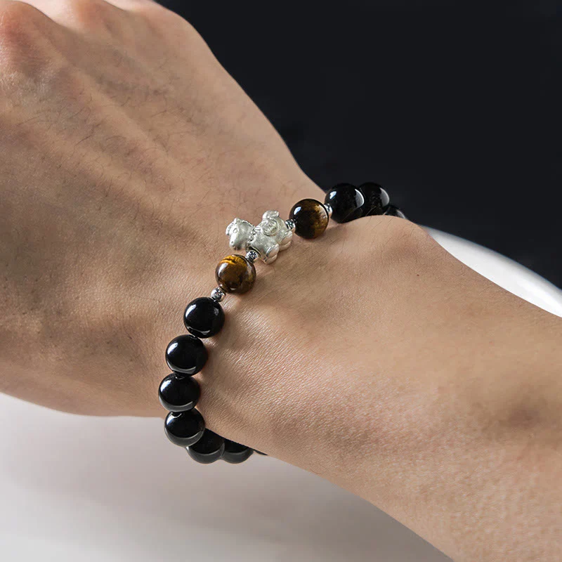 Bracciale Buddha Stones Anno del Cavallo in Argento Sterling 999 con Ciondolo a Forma di Cavallo, Ossidiana Nera e Occhio di Tigre - Image 5