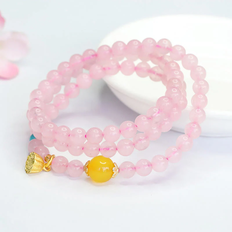 Bracciale Buddha Stones con cristalli rosa e calcedonio giallo multi-cerchio, calore del loto - Image 2