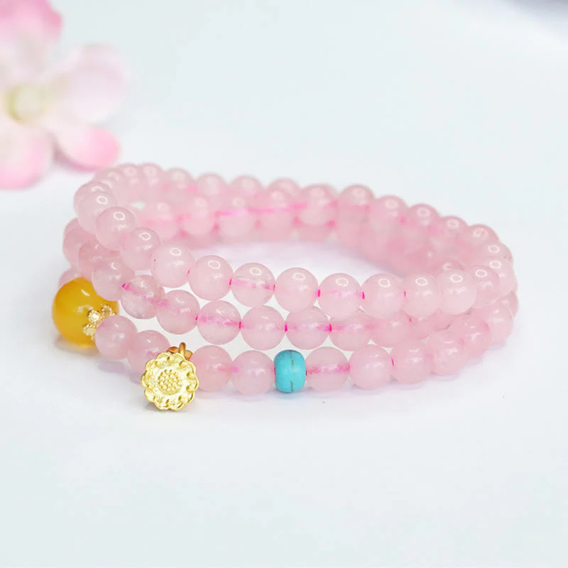Bracciale Buddha Stones con cristalli rosa e calcedonio giallo multi-cerchio, calore del loto - Image 5