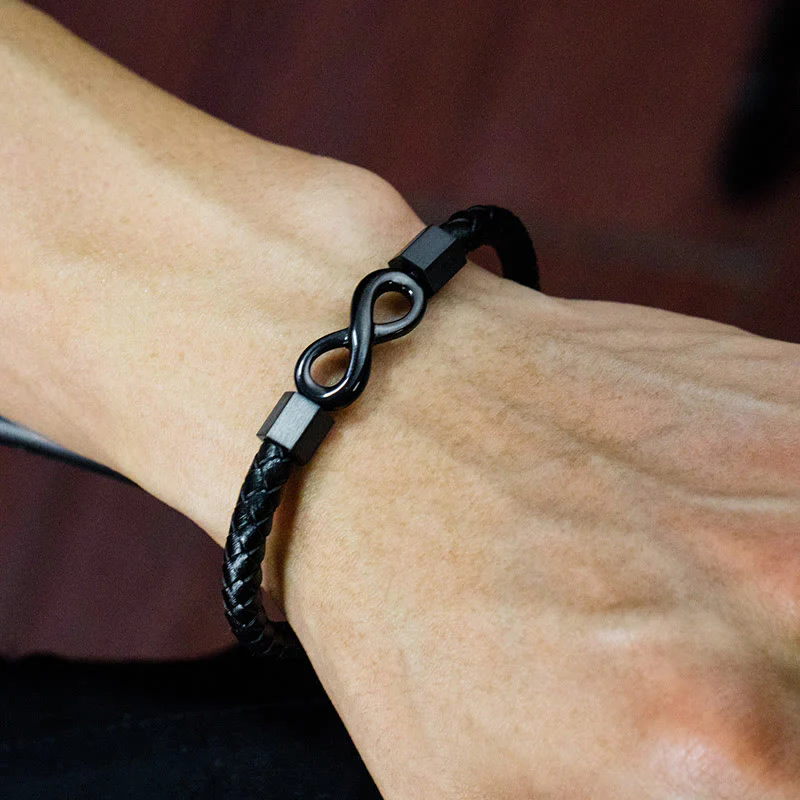 Bracciale Buddha Stones Endless Knot in acciaio al titanio con intreccio in pelle e bilanciamento - Image 6