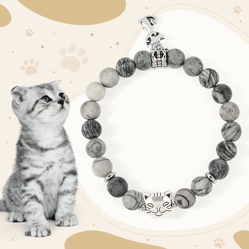 Bracciale Buddha Stones Grey Tabby Cat in diaspro venato nero naturale
