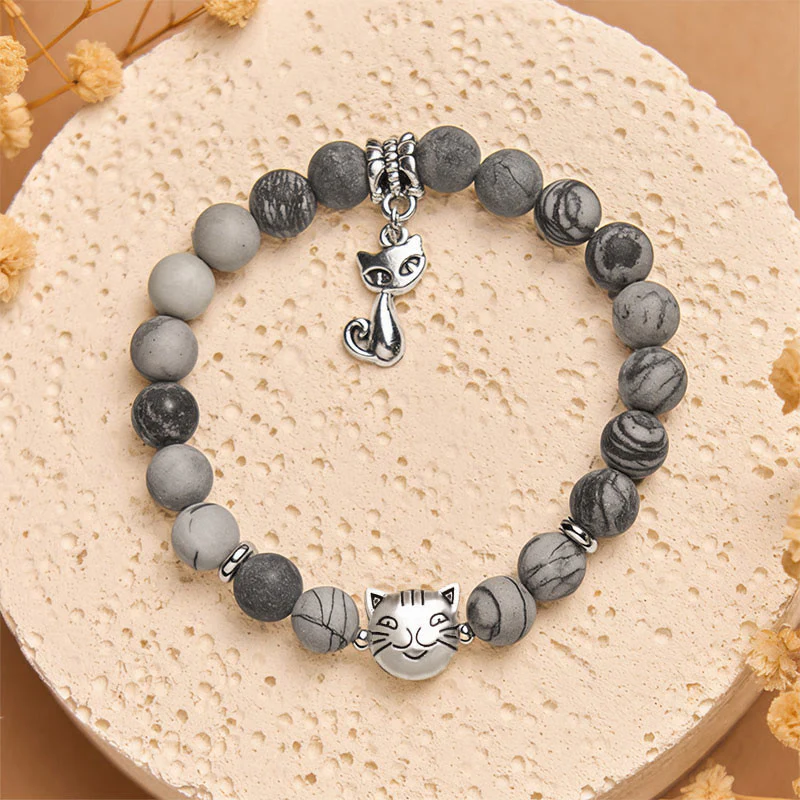 Bracciale Buddha Stones Grey Tabby Cat in diaspro venato nero naturale - Image 2