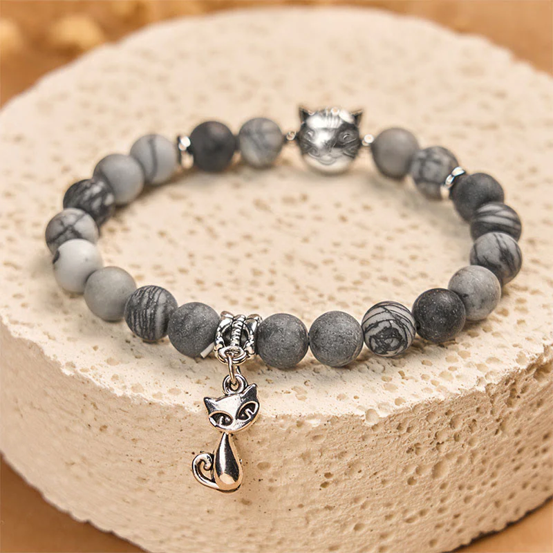 Bracciale Buddha Stones Grey Tabby Cat in diaspro venato nero naturale - Image 3