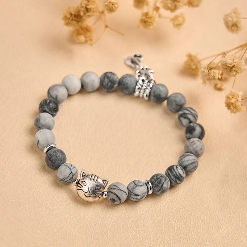 Bracciale Buddha Stones Grey Tabby Cat in diaspro venato nero naturale - Image 4