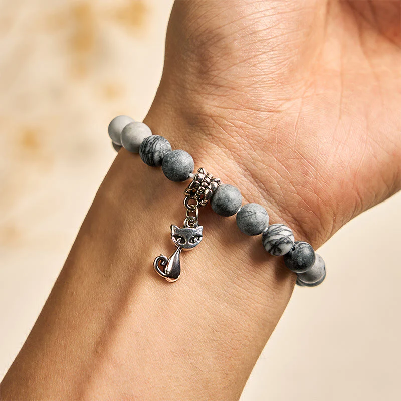 Bracciale Buddha Stones Grey Tabby Cat in diaspro venato nero naturale - Image 5