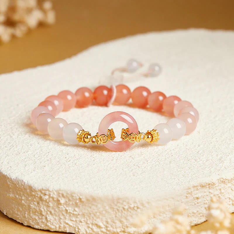 Bracciale Buddha Stones in argento sterling 925 con agata rossa e calcedonio bianco e fibbia per la pace e la fiducia