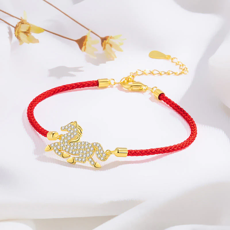 Bracciale Buddha Stones in argento sterling 925 placcato oro 18k con corda rossa, simbolo della forza dell'anno del cavallo - Image 5