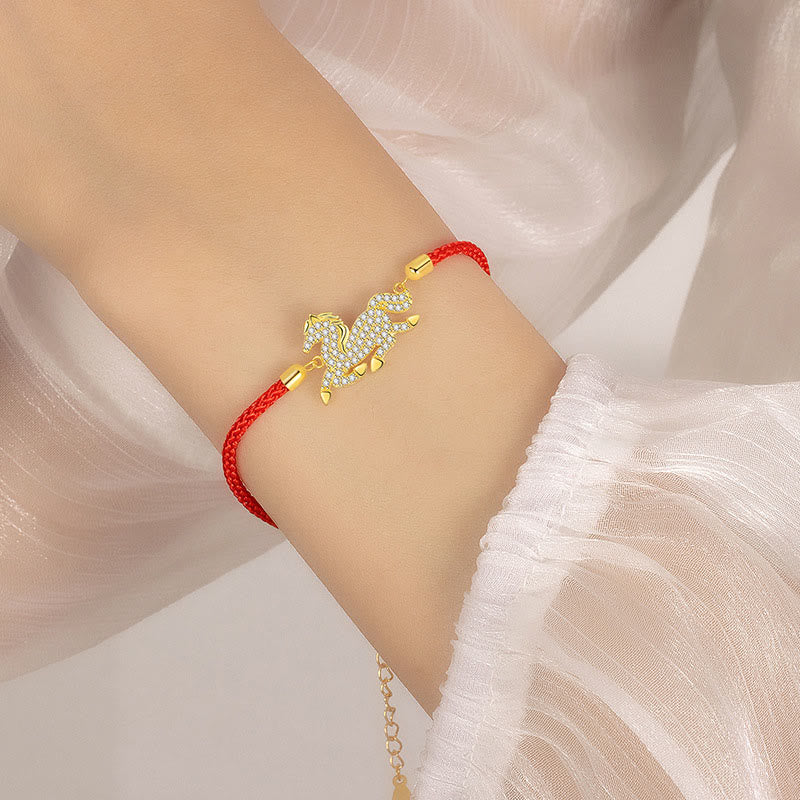 Bracciale Buddha Stones in argento sterling 925 placcato oro 18k con corda rossa, simbolo della forza dell'anno del cavallo - Image 6