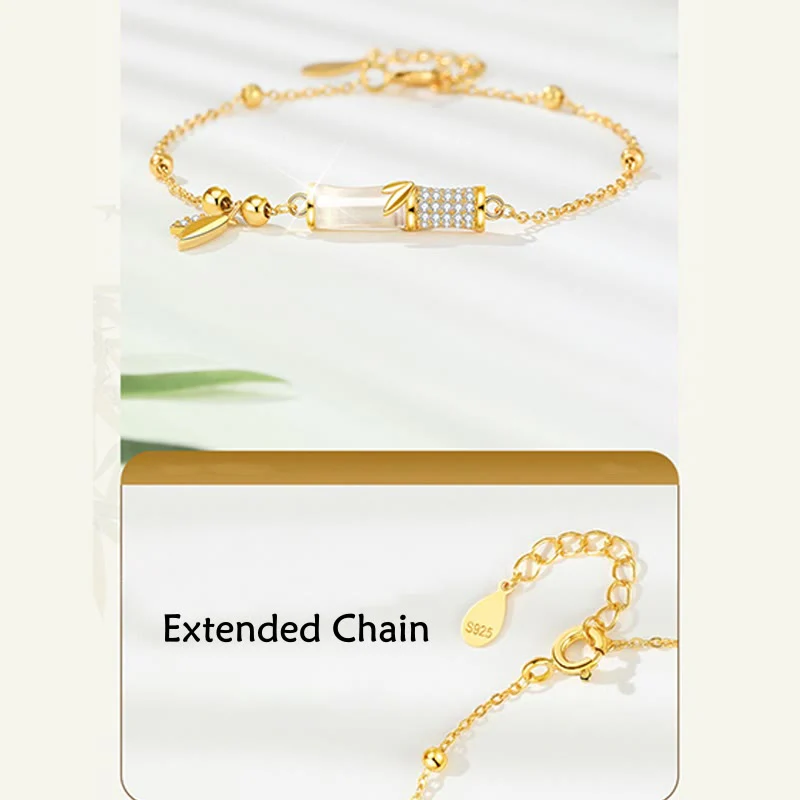 Bracciale Buddha Stones in argento sterling 925 placcato oro 18K con foglia di giada bianca e zircone di bambù - Image 9