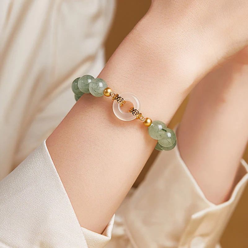 Bracciale Buddha Stones in argento sterling 925, quarzo rutilato verde, calcedonio bianco, fibbia della pace e coraggio - Image 10