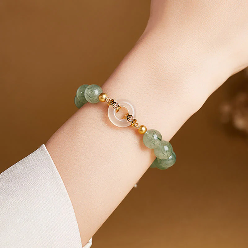 Bracciale Buddha Stones in argento sterling 925, quarzo rutilato verde, calcedonio bianco, fibbia della pace e coraggio - Image 11