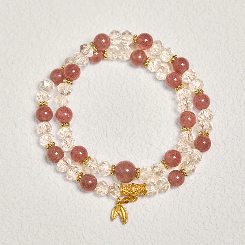 Bracciale Buddha Stones in cristallo di quarzo fragola naturale e bambù a doppio giro positivo
