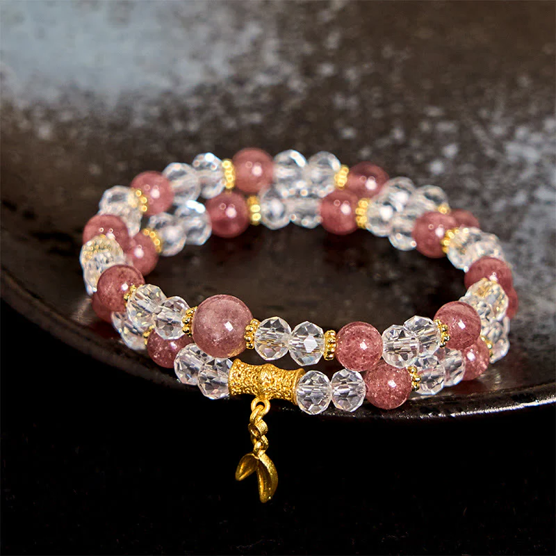 Bracciale Buddha Stones in cristallo di quarzo fragola naturale e bambù a doppio giro positivo - Image 2