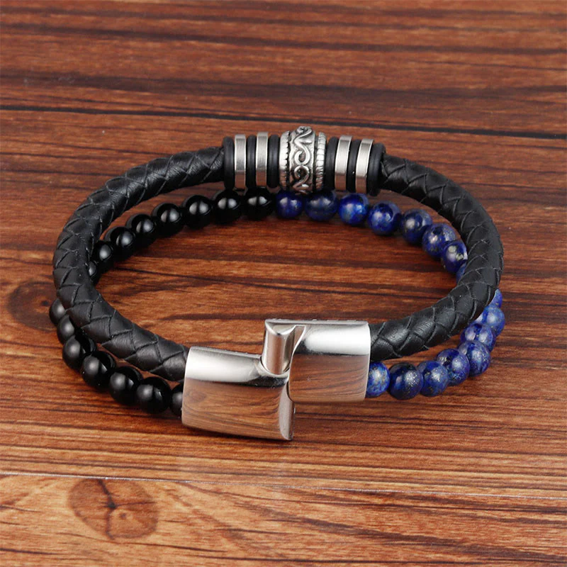 Bracciale Buddha Stones in onice nero, lazurite, lapislazzuli, acciaio al titanio, fortuna e calma, in pelle - Image 3