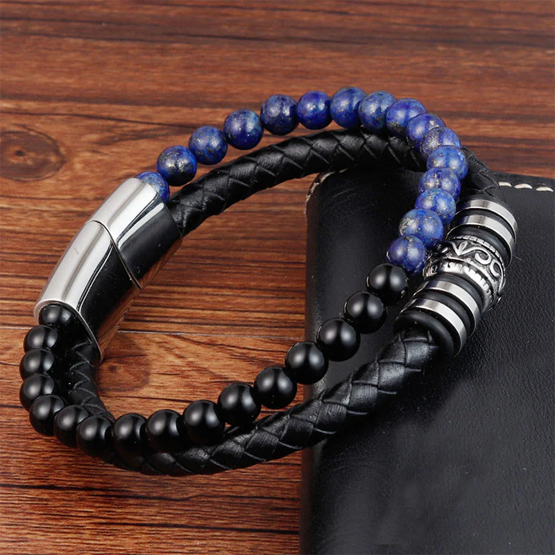 Bracciale Buddha Stones in onice nero, lazurite, lapislazzuli, acciaio al titanio, fortuna e calma, in pelle - Image 4