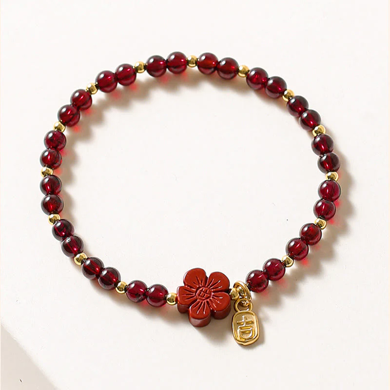 Bracciale Buddha Stones in oro 14K con granato naturale e fiore di cinabro e calma - Image 2
