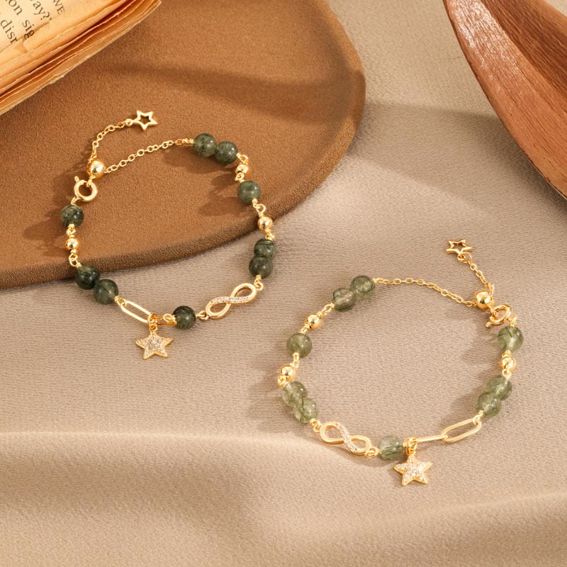 Bracciale Buddha Stones in rame placcato oro 14k con quarzo rutilato verde e anello Möbius, protezione della stella dell'amore eterno
