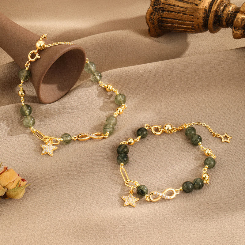 Bracciale Buddha Stones in rame placcato oro 14k con quarzo rutilato verde e anello Möbius, protezione della stella dell'amore eterno - Image 2
