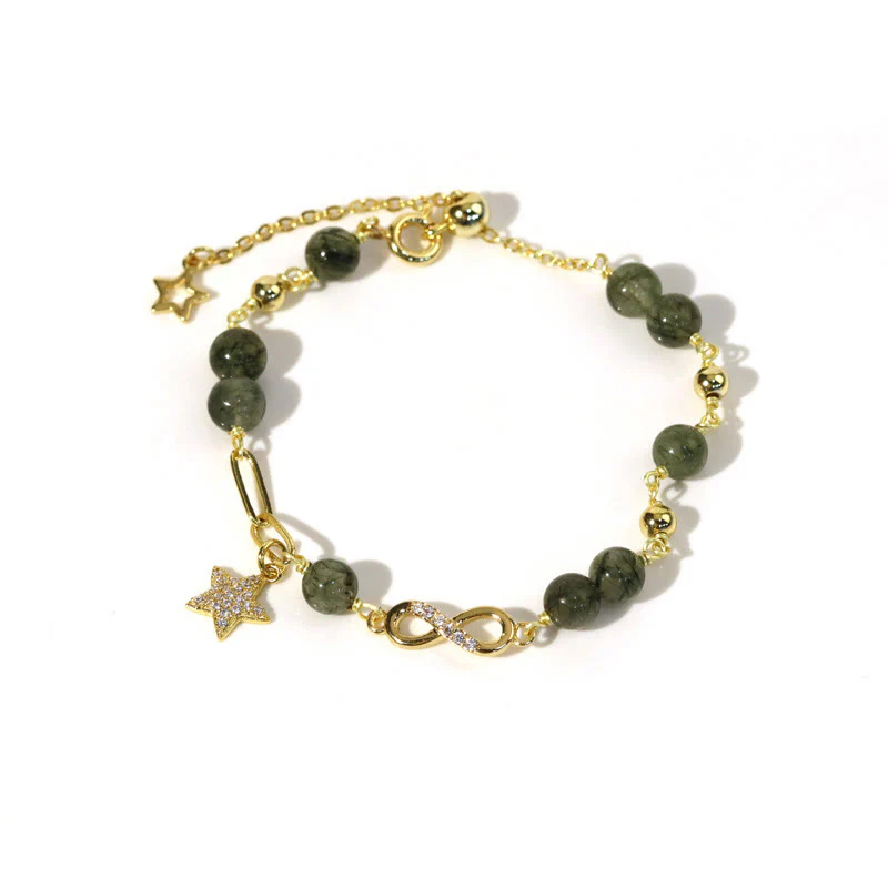 Bracciale Buddha Stones in rame placcato oro 14k con quarzo rutilato verde e anello Möbius, protezione della stella dell'amore eterno - Image 3
