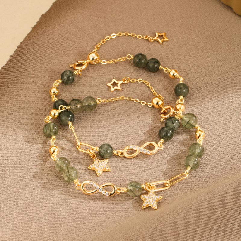 Bracciale Buddha Stones in rame placcato oro 14k con quarzo rutilato verde e anello Möbius, protezione della stella dell'amore eterno - Image 4