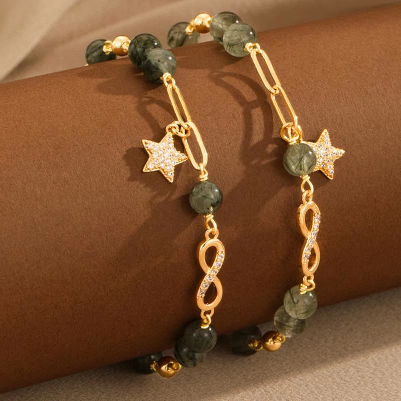 Bracciale Buddha Stones in rame placcato oro 14k con quarzo rutilato verde e anello Möbius, protezione della stella dell'amore eterno - Image 5